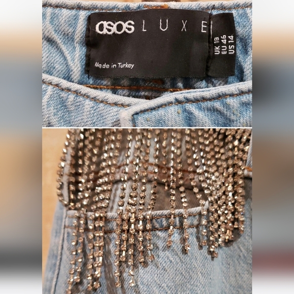 ASOS Luxe NWT Rhinestone Embellished High Rise Wide Leg Jeans Size 14 - Picture 2 of 6